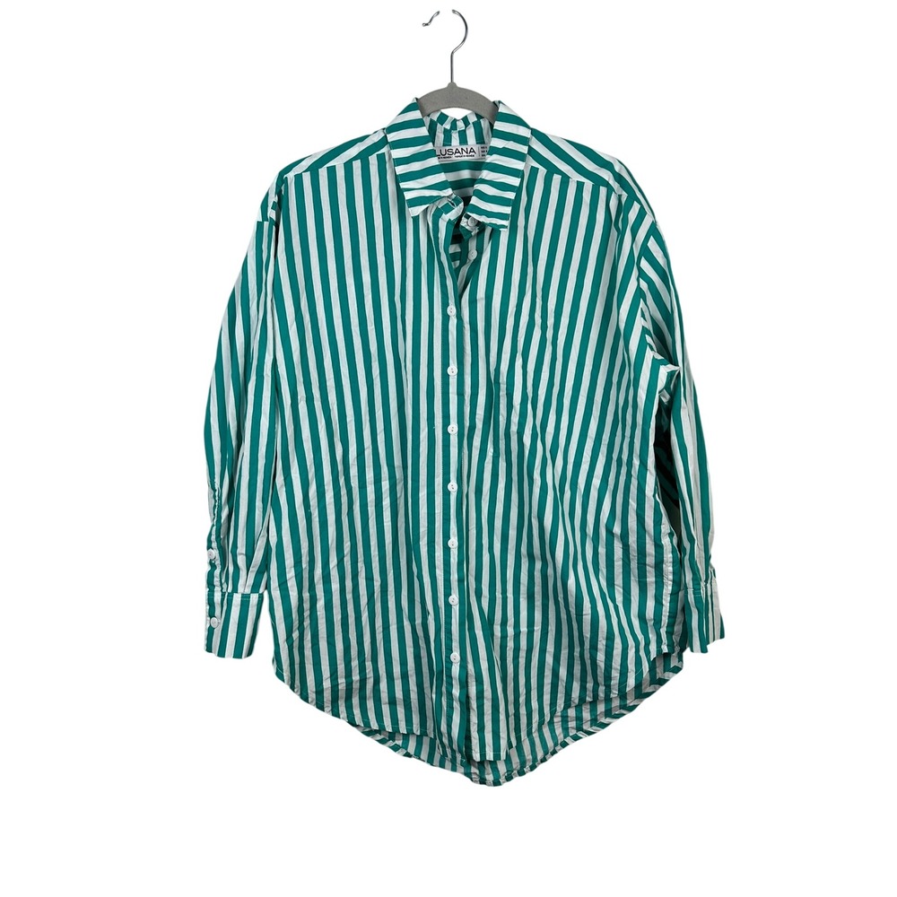 Lusana Button Down Shirt Womens S Green White Excellent Striped Cotton Oversized
